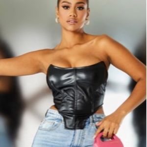 Black Faux leather Square Dip Hem Corset